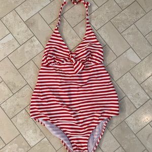 Red and white striped maternity one-piece swimsuit